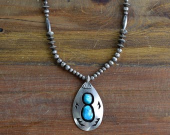 Vintage Navajo Turquoise Shadowbox Sterling Silver Necklace