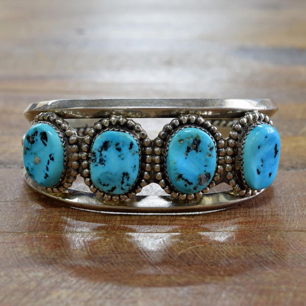 Vintage Navajo Sterling Silver And Four Stone Turquoise Cuff Bracelet *