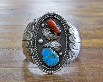 Vintage Turquoise and Coral Sterling Silver Cuff Bracelet