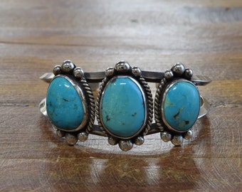 Vintage Sterling Silver and Three Stone Turquoise Cuff Bracelet