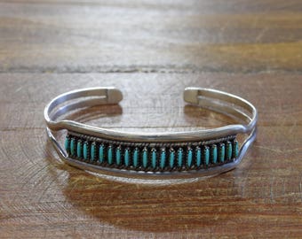 Vintage Southwestern Sterling Silver Turquoise Needlepoint Cuff Bracelet