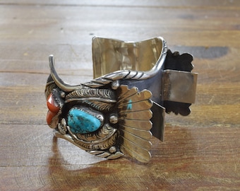 Vintage Navajo Turquoise and Coral Watch Cuff