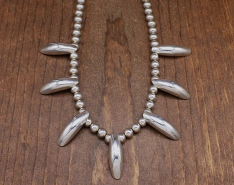 Striking Sterling Silver Bead Necklace with 7 Domed Silver Oval Tabs *
