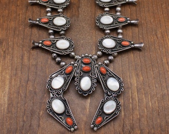 Vintage Sterling Silver Mother of Pearl and Coral Squash Blossom Necklace*