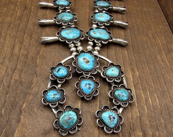 Large Beautiful Vintage Turquoise Squash Blossom Necklace