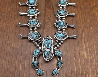 Vintage Sterling Silver and Turquoise Squash Blossom Necklace *