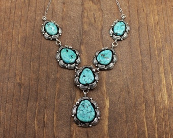 Beautiful Turquoise and Handmade Sterling Silver Leaves Lariat Necklace