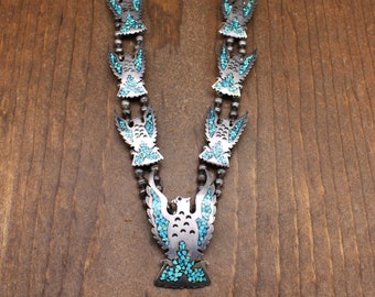 Vintage Sterling Silver Chip Inlay Turquoise Thunderbird Squash Blossom Necklace