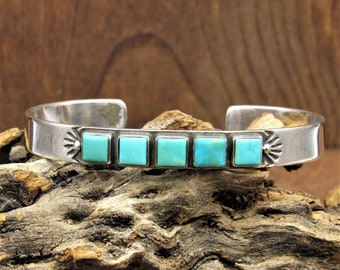 Vintage Navajo Sterling Silver Turquoise Cuff Bracelet by T. Etsitty