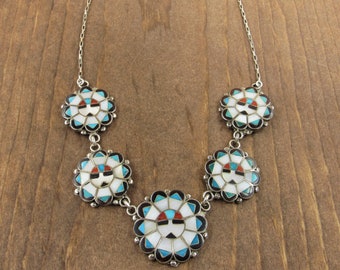 Vintage Sterling Silver Multi Stone Inlay Sunface Necklace +
