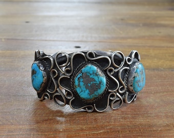 Vintage Navajo Sterling Silver And Turquoise Cuff Bracelet Larger Wrist*