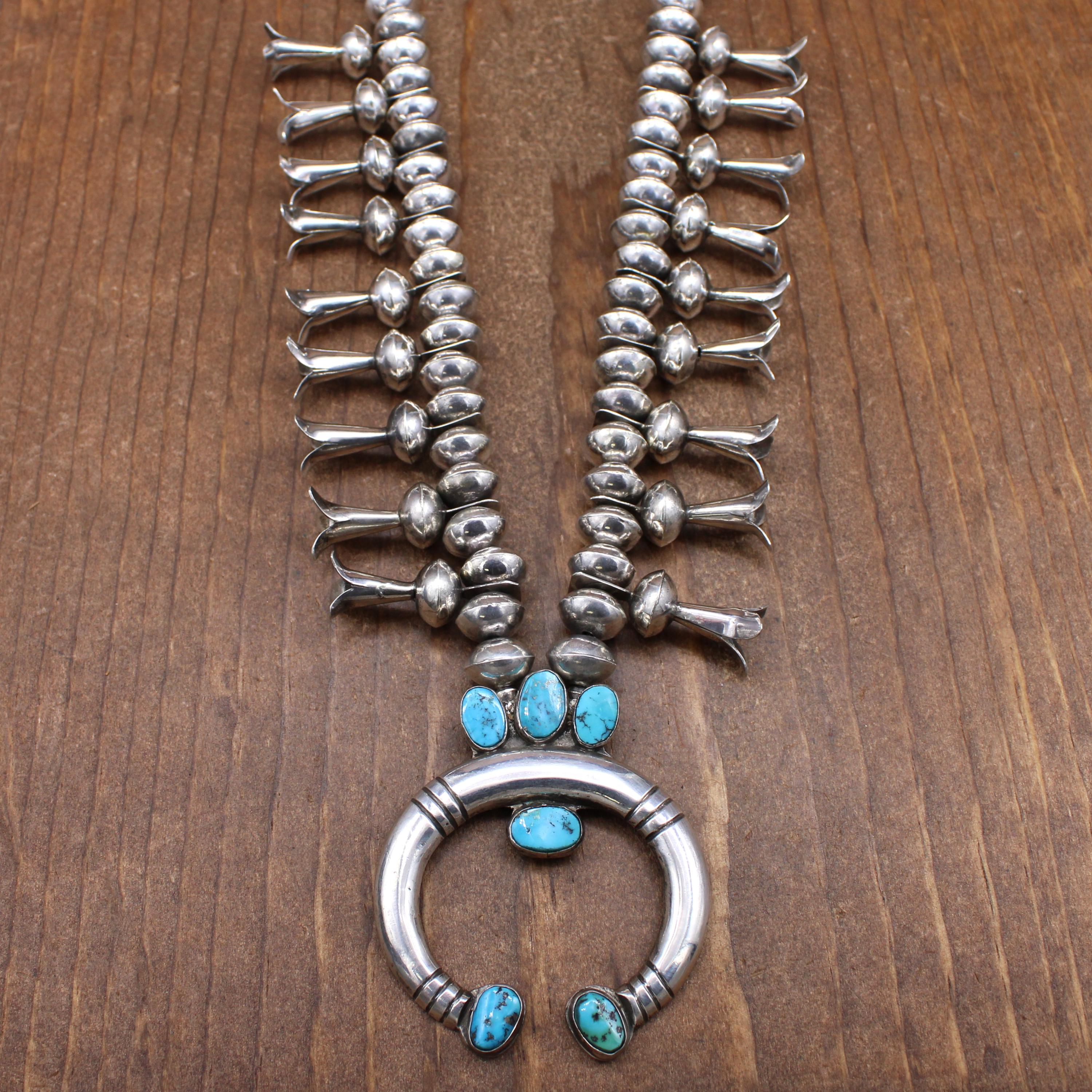 Sterling Silver Squash Blossom Necklace with Turquoise-Crowned Naja