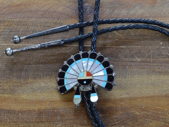 Vintage Zuni Sterling Silver Sun Face Inlay Bolo … - image 1