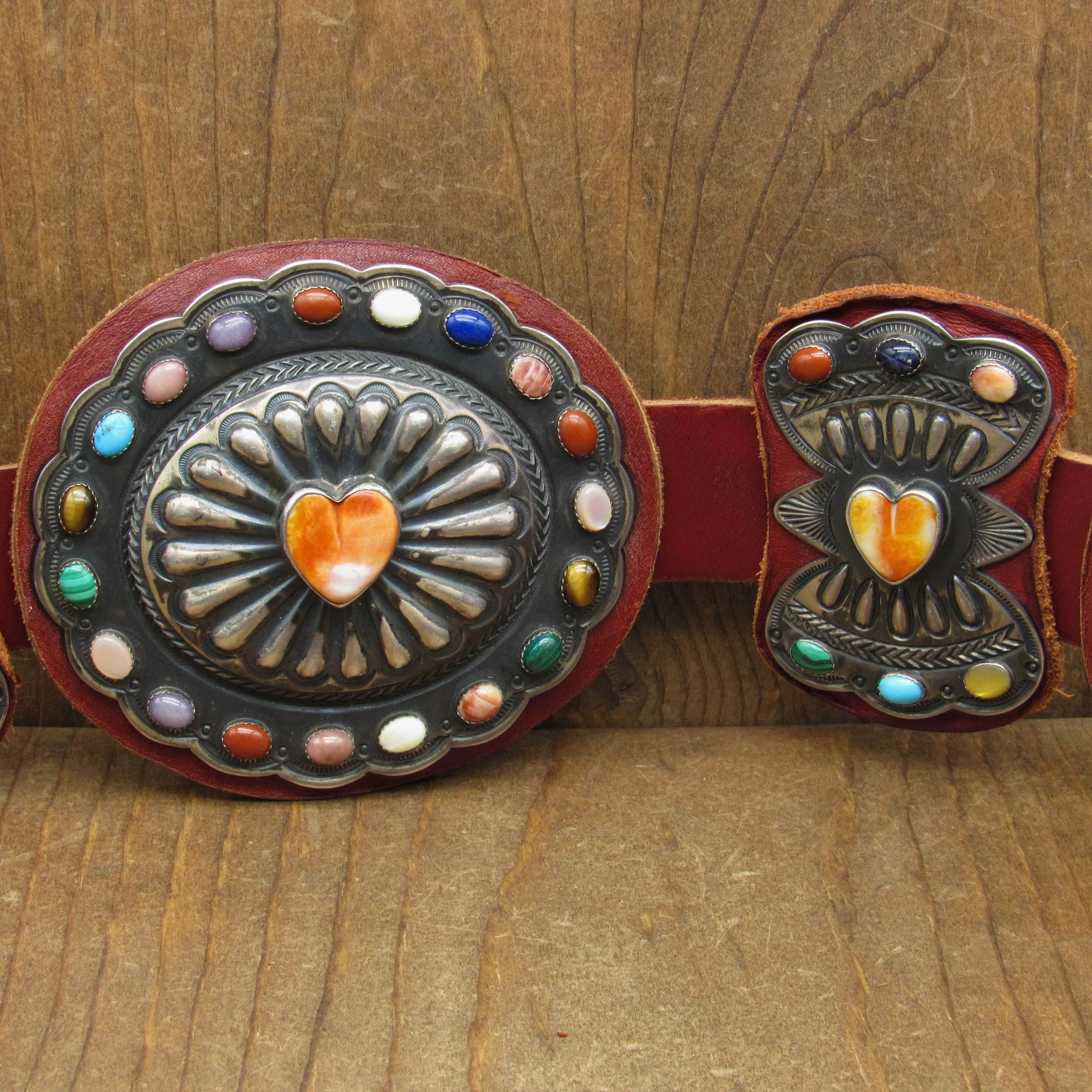 Vintage Sterling Silver Multi-stone Repousse Concho Belt by