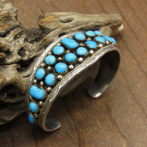Vintage Sterling Silver Two Row Turquoise Cuff Br… - image 5