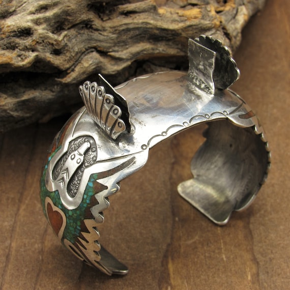 Navajo Sterling Silver Chip Inlay Peyote Bird Watch Bracelet  display picture 3