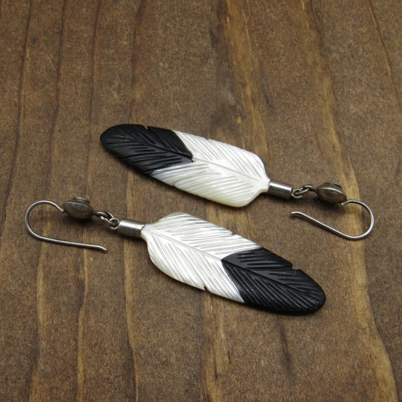 Vintage Mother of Pearl Eagle Feather Dangle Earr… - image 4