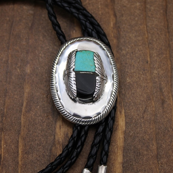 Sterling Silver, Jet and Turquoise Bolo Tie