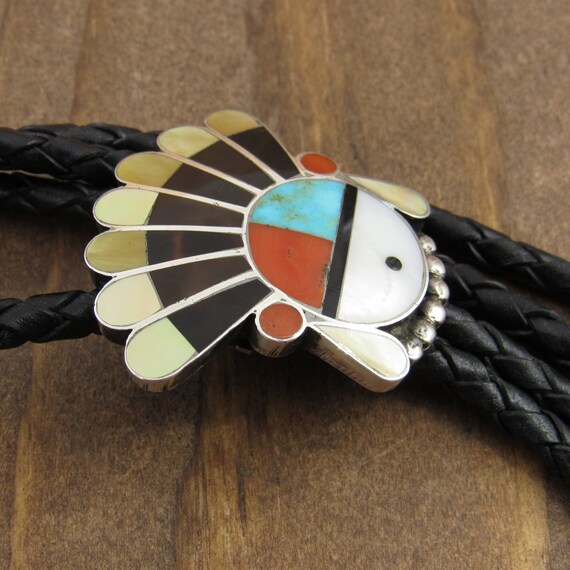 Vintage Zuni Sterling Silver Sun Face Inlay Bolo … - image 4