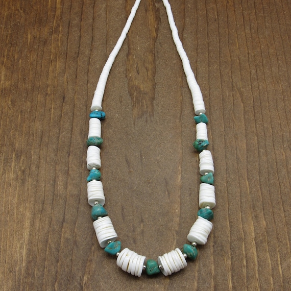 Vintage Green Turquoise and White Shell Necklace - image 1