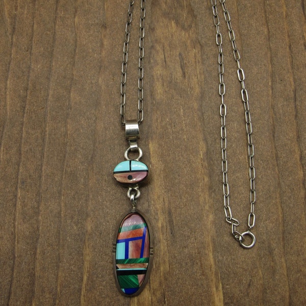 Sterling Silver Southwest Navajo Inlaid Pendant on Chain Necklace