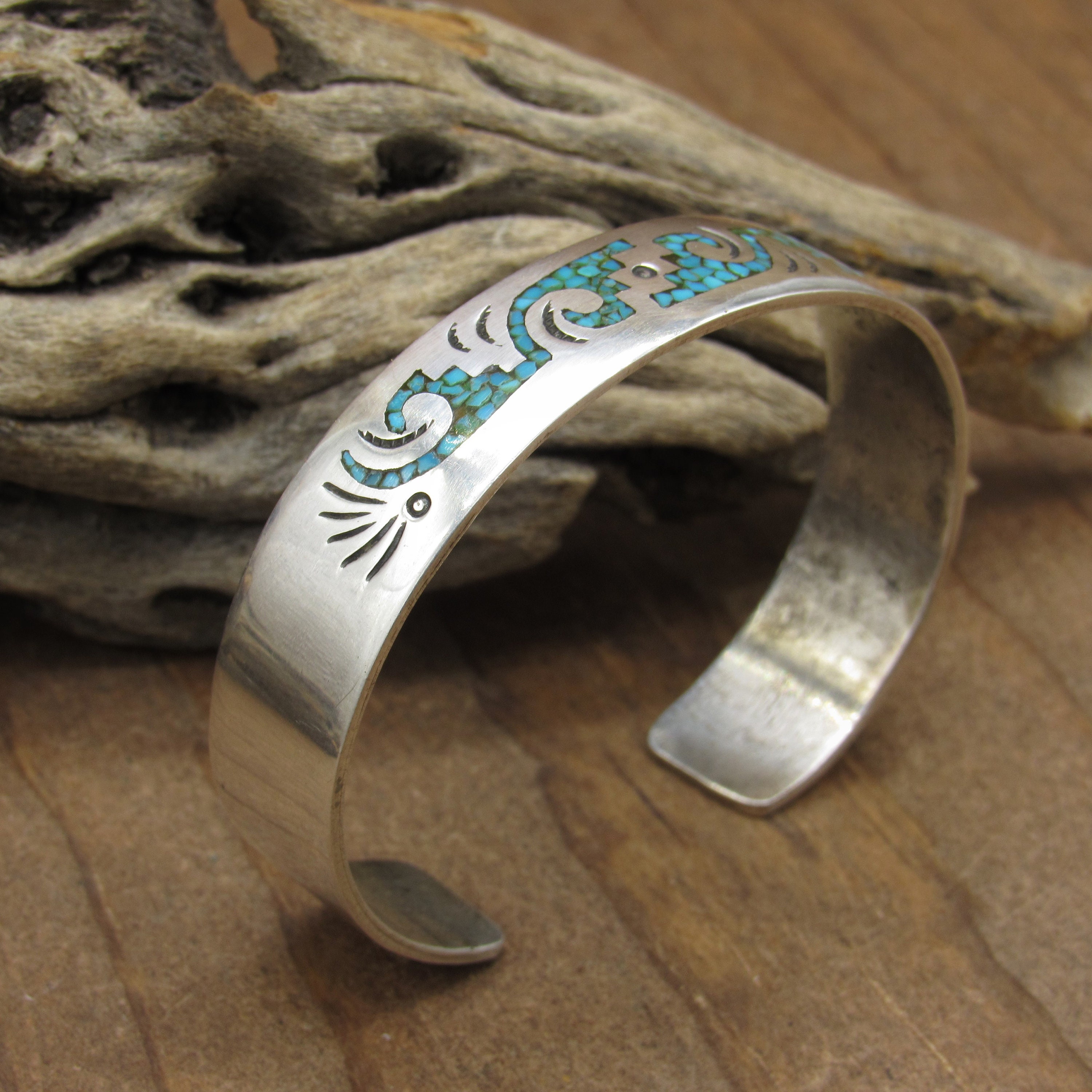 Sterling Silver Turquoise Chip Inlay Cuff Bracelet by Benson Sterling Silver Turquoise Chip Inlay Cuff Bracelet by Benson