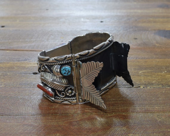 Vintage Navajo Native American Watch Sterling Silver Turquoise Coral Thunderbird Item #924W- Vintage Womens Navajo Turquoise Branch Coral  main image 3