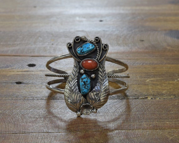 Navajo Sterling Silver Turquoise and Coral Cuff B… - image 1