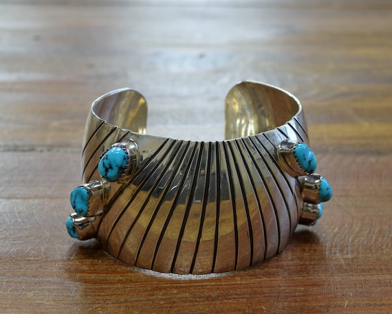 Vintage Wide Sterling Silver Turquoise Bracelet - image 1