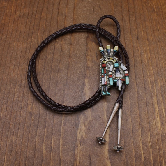 Vintage Zuni Multi-Stone Inlay Rainbow Yei Bolo Tie By HE Cellicion