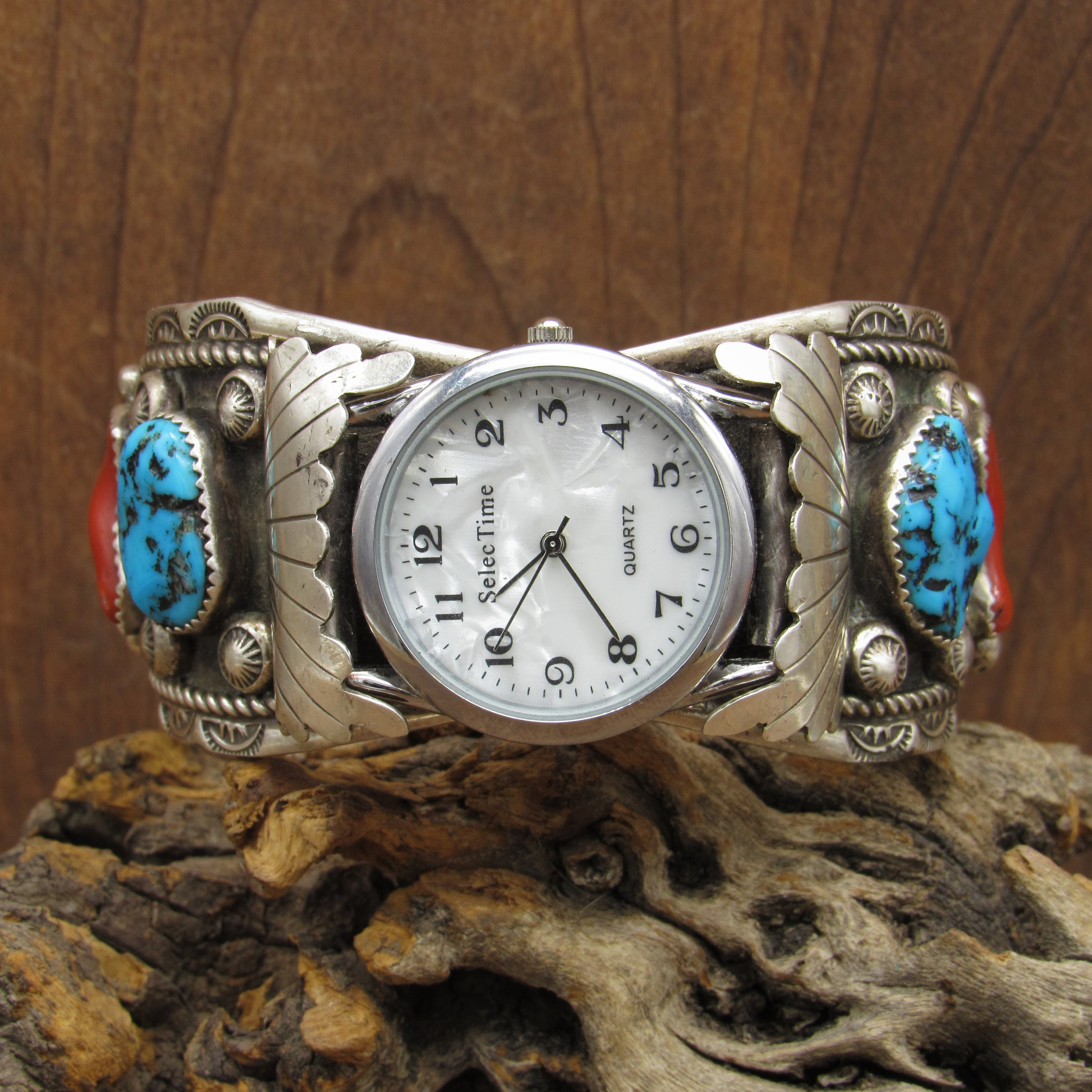Sterling Silver Mens Watch Cuff With Coral and Turquoise