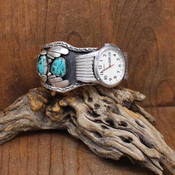 Vintage sterling silver & turquoise cuff watch Vintage Navajo Sterling Silver And Turquoise Watch Cuff by  main image 2
