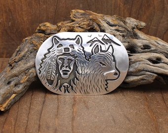 Sterling Silver Belt Buckle with Man with Bear Mask by Navajo Floyd Becenti