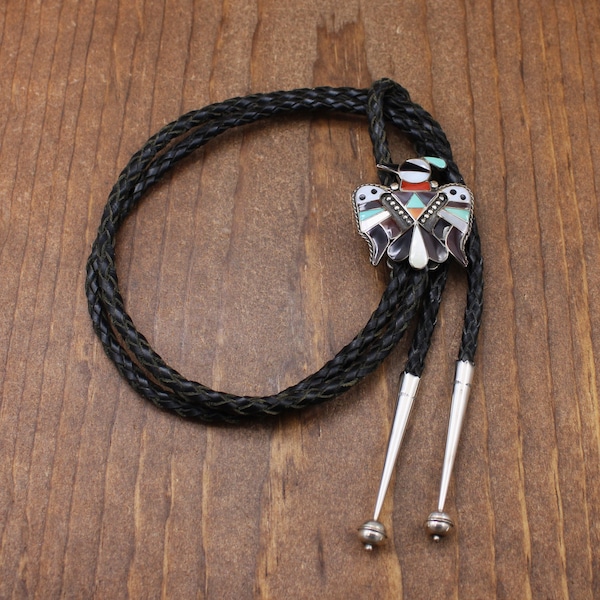 Sterling Silver Inlay Thunderbird Bolo by Zuni Artists Bobby and Corraine Shack