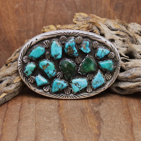 Vintage Sterling Silver and Turquoise Oval Belt Buckle