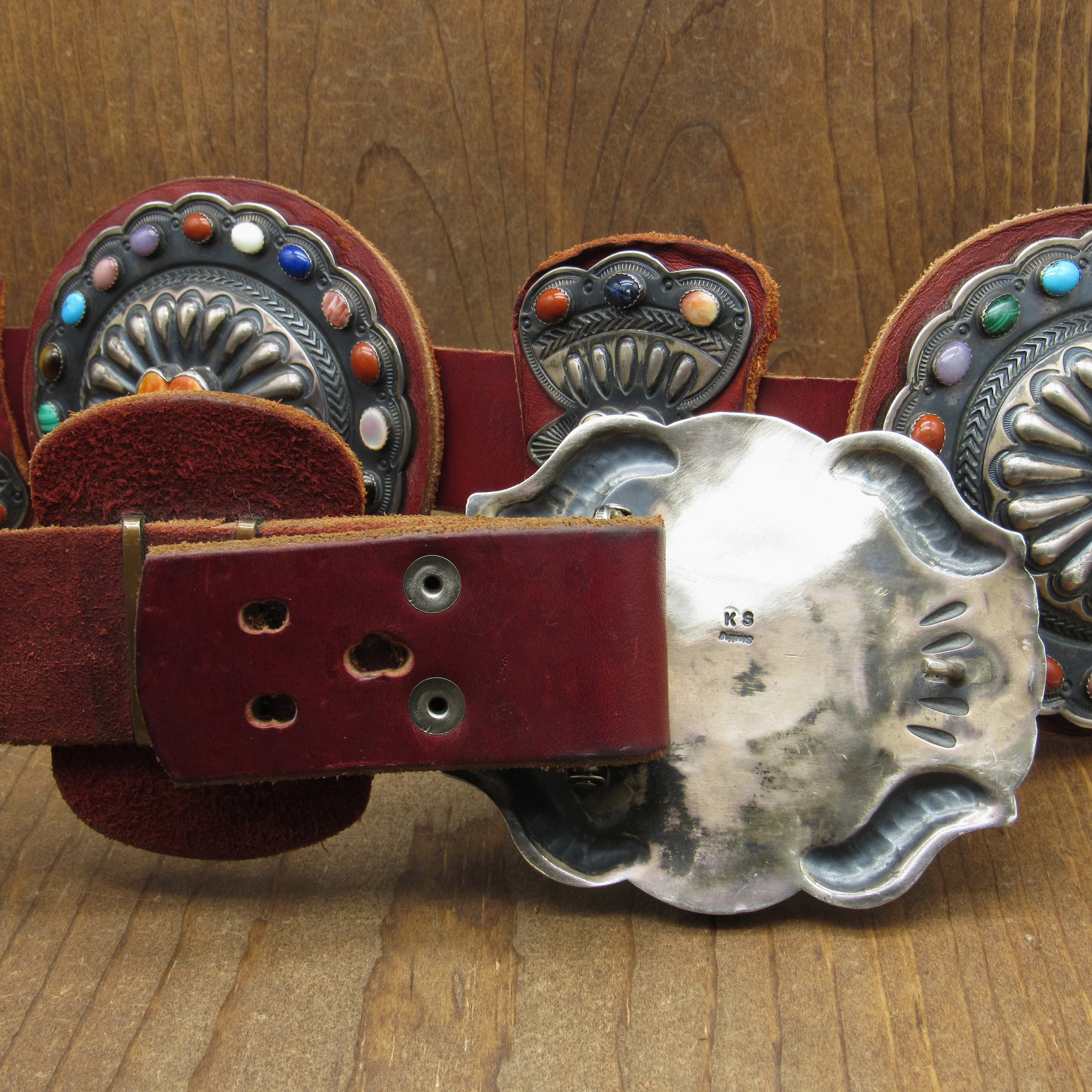 Red Spiny Cluster Sterling Silver Statement Concho Belt Buckle Red Spiny Oyster Shell Concho Leather Belt by Thomas Nez GJ  main image 2