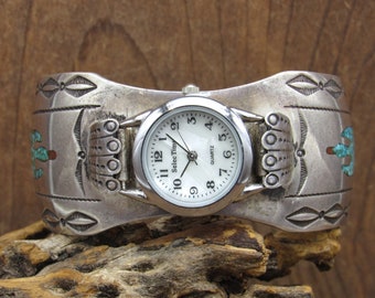 Vintage Navajo Sterling Chip Inlay Peyote Bird Watch Cuff By Charlie Singer