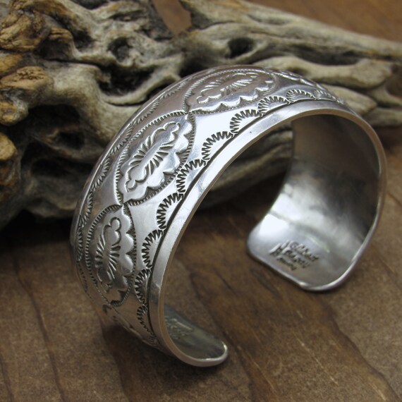Navajo Vintage Sterling Silver Stamped Cuff Bracelet by Gilbert