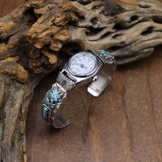 Sterling Silver Zuni Turquoise Flower Inlay Watch… - image 4