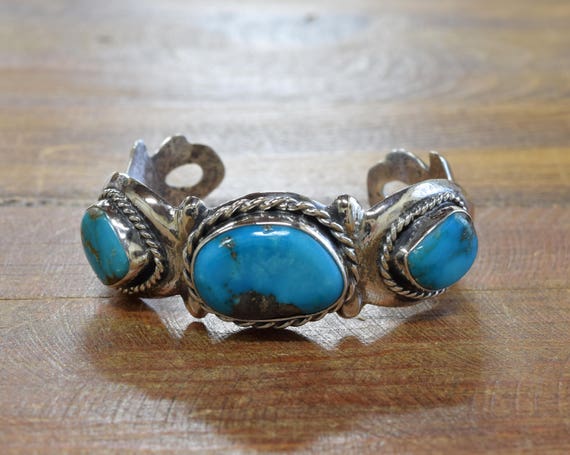 Vintage Turquoise Sterling Silver Sandcast Bracele