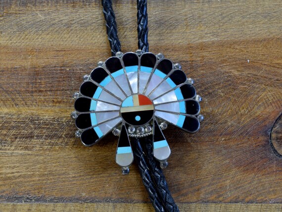Vintage Zuni Sterling Silver Sun Face Inlay Bolo … - image 2