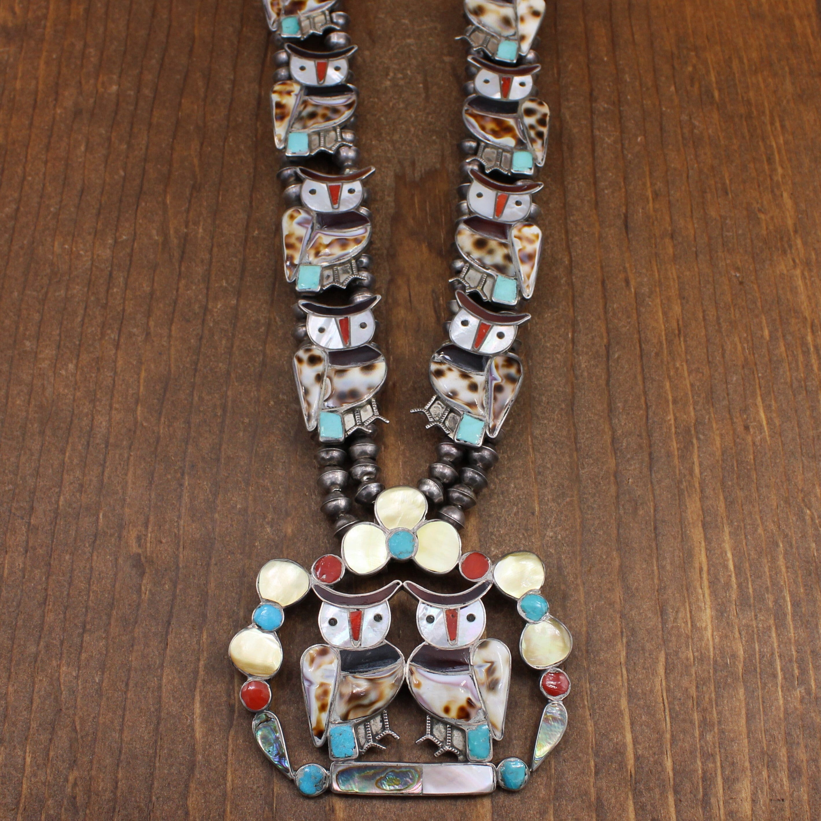 Sterling Silver Inlaid Owl Squash Blossom Necklace by Velma and