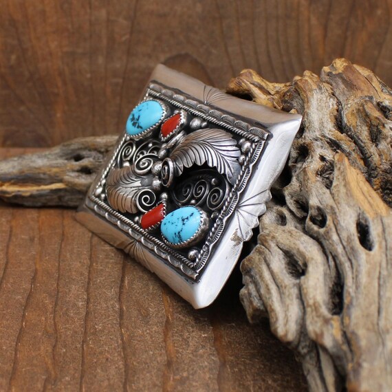 Ornate Sterling Silver Rectangular Turquoise and … - image 3