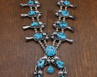 Sterling Silver and Turquoise Squash Blossom Necklace with Silver Leaves *