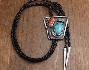Vintage Sterling Silver Turquoise and Coral Bolo Tie *