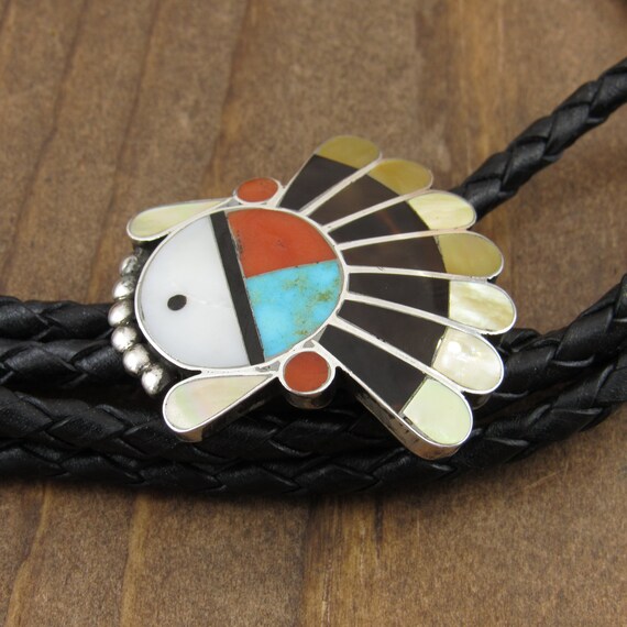 Vintage Zuni Sterling Silver Sun Face Inlay Bolo … - image 2