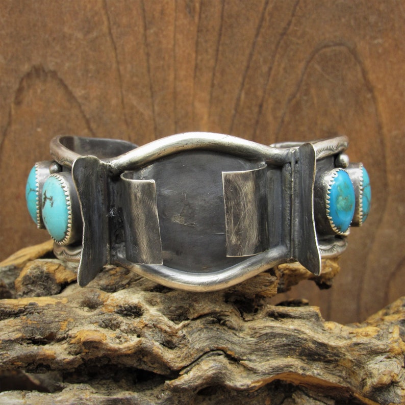 Sterling Silver Turquoise Watch Cuff Bracelet With Six Stones image 2