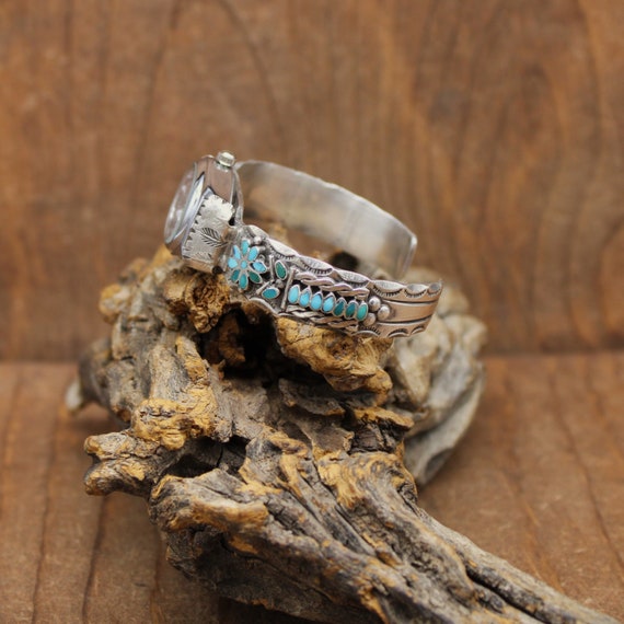 Sterling Silver Zuni Turquoise Flower Inlay Watch… - image 3