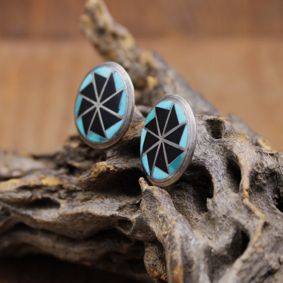 Sterling Silver, Turquoise and Jet Inlay Zuni Cli… - image 2