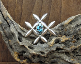 Vintage Sterling Silver And Turquoise Sand Cast Pin *